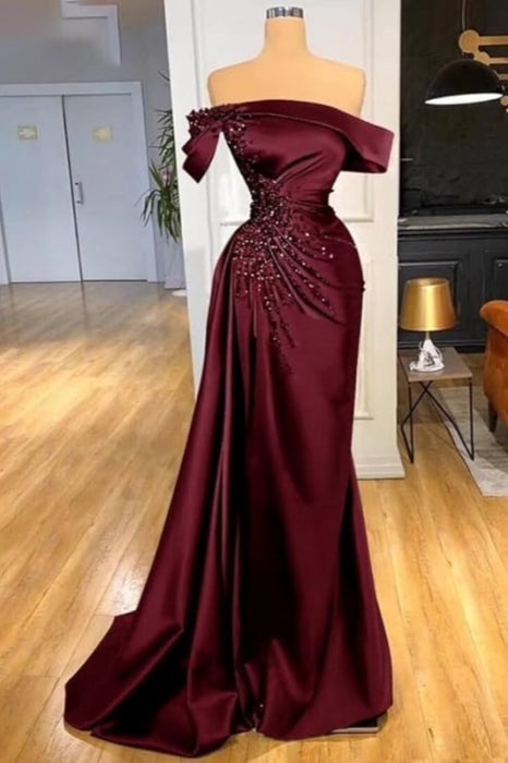 Off the Shoulder Beaded Ruched Satin Evening Dress with Front Split