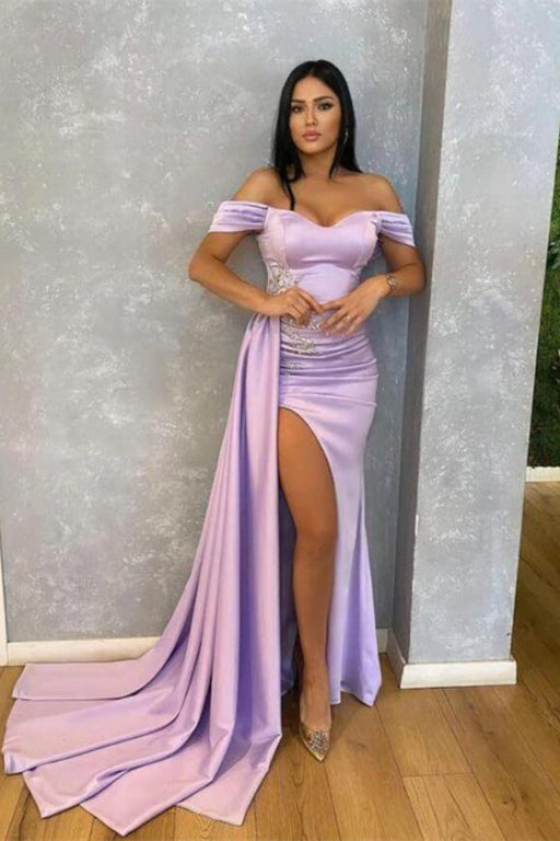 Off-The-Shoulder Beads Mermaid Prom Dress With Ruffle Split in Lilac