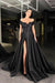 Off-the-Shoulder Black Beaded A-Line Prom Dress with Split