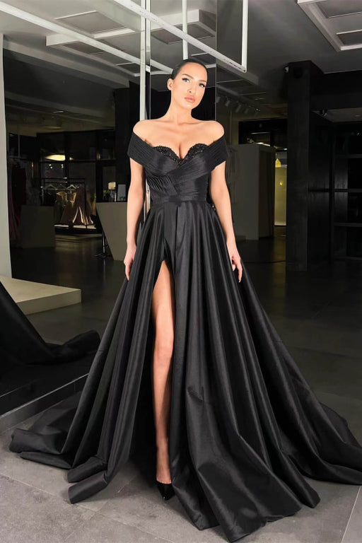 Off-The-Shoulder Black Beads Prom Dress A-Line Split Long