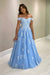 Off-the-Shoulder Blue Tulle Aline Mother of the Bride Dress with Lace Appliques - Prom Dresses