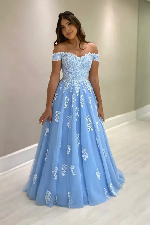 Off-the-Shoulder Blue Tulle Aline Mother of the Bride Dress with Lace Appliques - Prom Dresses