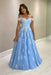 Off-the-Shoulder Blue Tulle Aline Mother of the Bride Dress with Lace Appliques - Prom Dresses