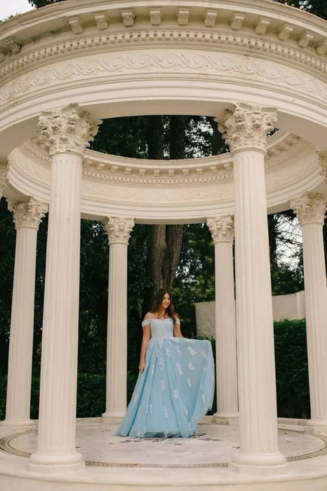 Off-the-Shoulder Blue Tulle Aline Mother of the Bride Dress with Lace Appliques - Prom Dresses