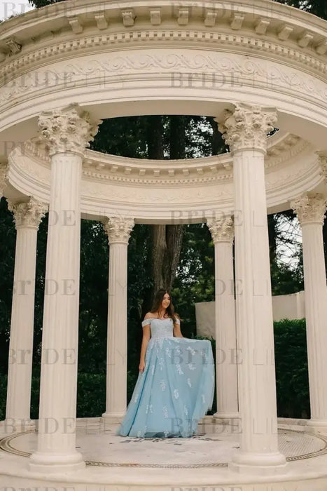 Off-the-Shoulder Blue Tulle Aline Mother of the Bride Dress with Lace Appliques - Prom Dresses