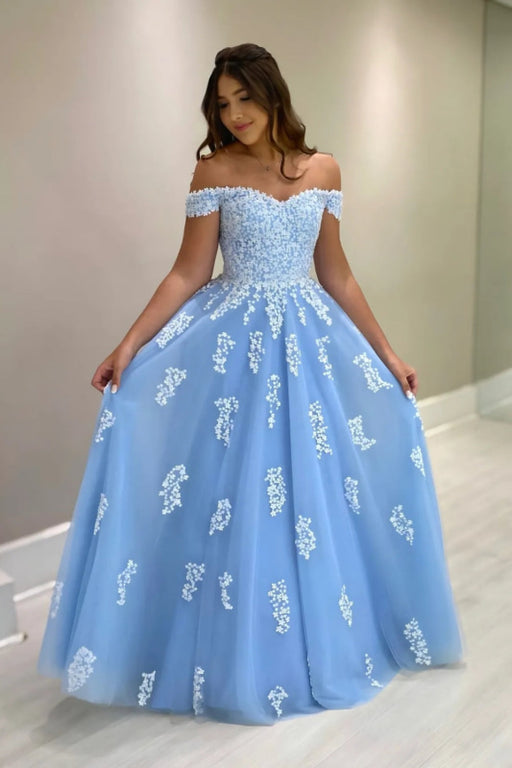 Off-the-Shoulder Blue Tulle Aline Mother of the Bride Dress with Lace Appliques - Prom Dresses