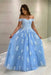 Off-the-Shoulder Blue Tulle Aline Mother of the Bride Dress with Lace Appliques - Prom Dresses