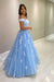 Off-the-Shoulder Blue Tulle Aline Mother of the Bride Dress with Lace Appliques - Prom Dresses