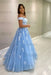 Off-the-Shoulder Blue Tulle Aline Mother of the Bride Dress with Lace Appliques - Prom Dresses