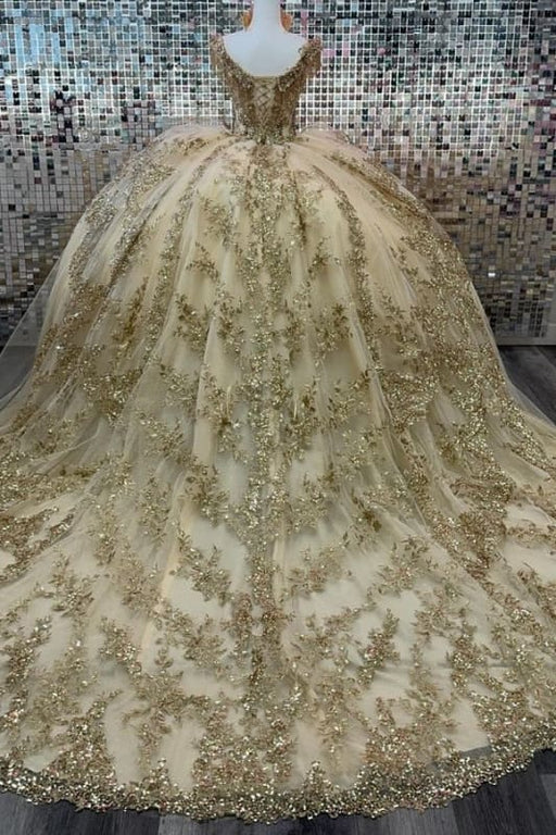 Off-the-Shoulder Court Train Quinceanera Dresses Champagne Tulle Ball Gown with Appliques - Prom Dresses