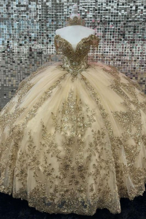 Off-the-Shoulder Court Train Quinceanera Dresses Champagne Tulle Ball Gown with Appliques - Prom Dresses