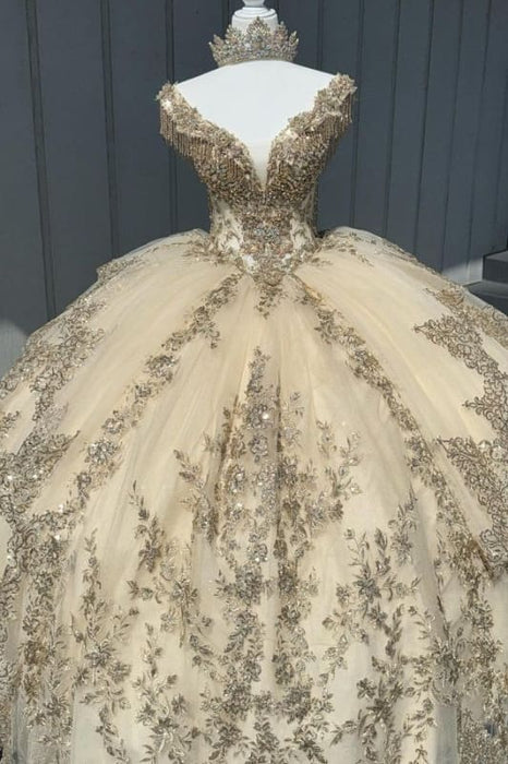 Off-the-Shoulder Court Train Quinceanera Dresses Champagne Tulle Ball Gown with Appliques - Prom Dresses