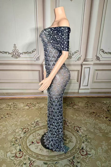 Off-the-Shoulder Crystal Floor Length Sheath Prom Dress