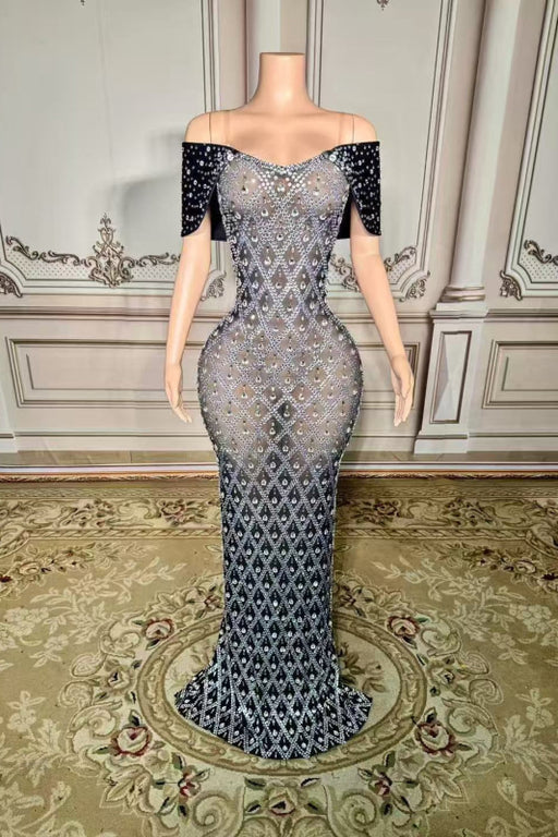 Off-the-Shoulder Crystal Floor Length Sheath Prom Dress