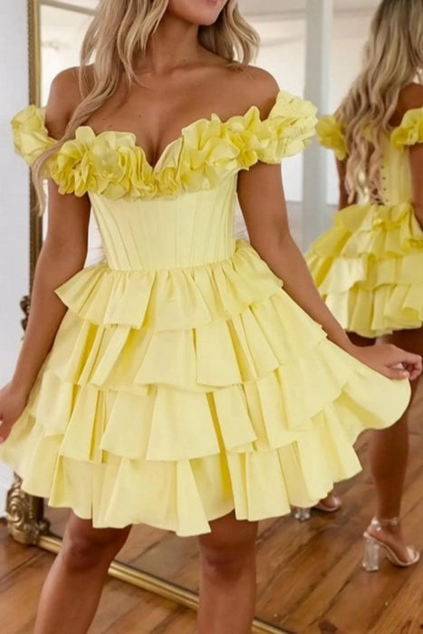 Off-the-Shoulder Daffodil Satin Corset Graduation Dress Short Cocktail Dress