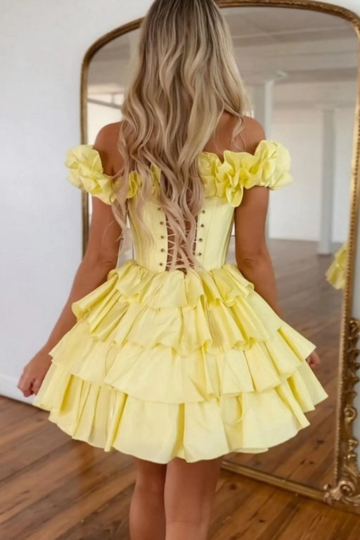 Off-the-Shoulder Daffodil Satin Corset Graduation Dress Short Cocktail Dress