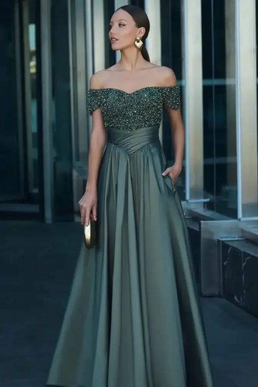 Off-the-Shoulder Dark Green Satin Aline Formal Dress with Beadings
