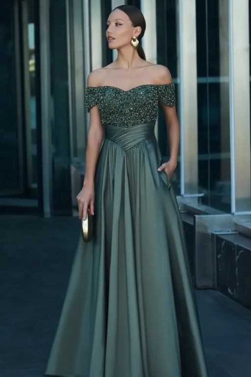 Off-the-Shoulder Dark Green Satin Aline Formal Dress with Beadings