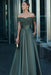 Off-the-Shoulder Dark Green Satin Aline Formal Dress with Beadings