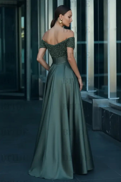 Off-the-Shoulder Dark Green Satin Aline Formal Dress with Beadings