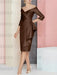 Off the shoulder sheath dress with a cascading drape in chocolate brown