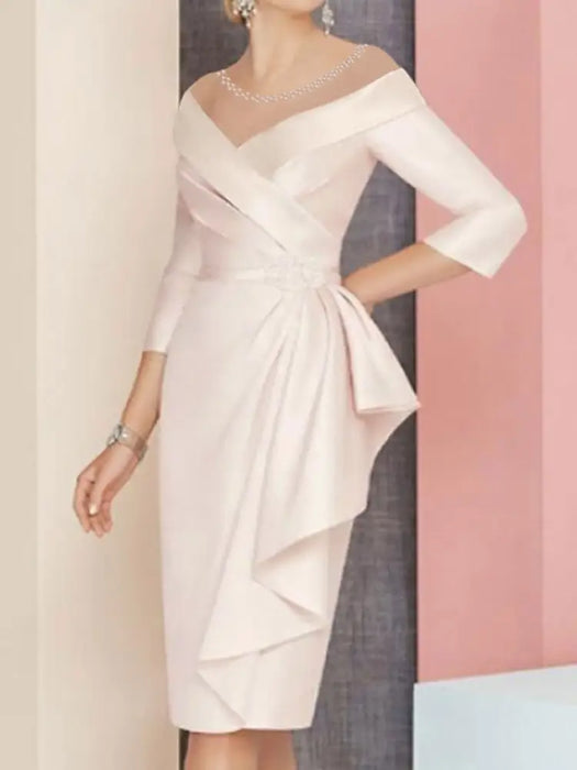 Off the shoulder sheath dress with a cascading side drape in blush pink