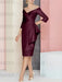 Off the shoulder sheath dress with a cascading drape in burgundy