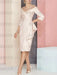 Off the shoulder sheath dress with a cascading drape in champagne