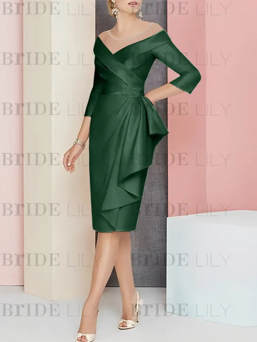 Dark Green off the shoulder mother of the bride dress with cascading drape