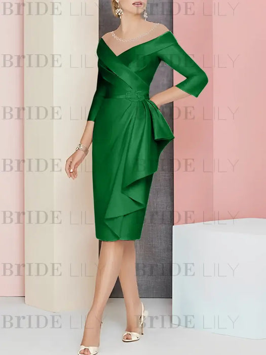 Green off the shoulder mother of the bride dress with cascading drape