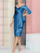 Light Royal Blue off the shoulder mother of the bride dress with cascading drape