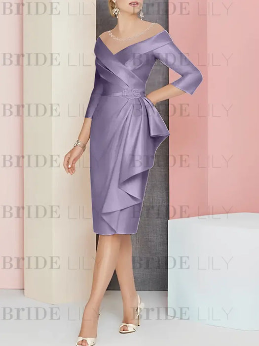 Off the shoulder sheath dress with a cascading drape in lilac
