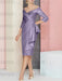 Off the shoulder sheath dress with a cascading drape in lilac
