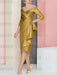 Mustard Yellow off the shoulder mother of the bride dress with cascading drape