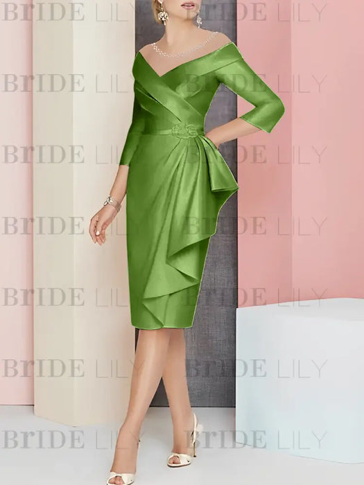 Olive Green off the shoulder mother of the bride dress with cascading drape