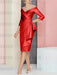 Red off the shoulder mother of the bride dress with cascading drape