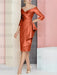 Rust off the shoulder mother of the bride dress with cascading drape