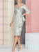 Silver off the shoulder mother of the bride dress with cascading drape