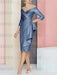 Steel Blue off the shoulder mother of the bride dress with cascading drape