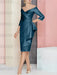 Teal off the shoulder mother of the bride dress with cascading drape