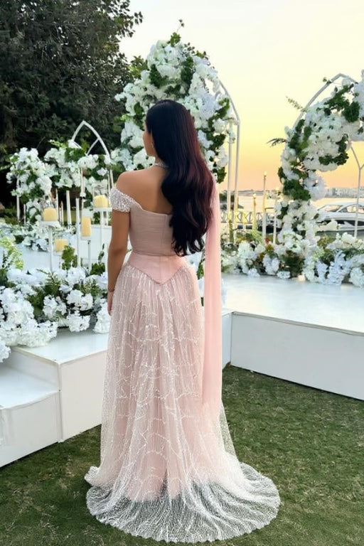 Off-the-shoulder Dusty Pink Sequined Aline Evening Dress with Beadings