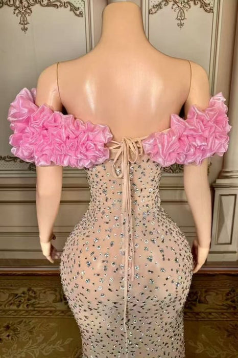 Off-the-Shoulder Floor Length Flowers Sheath Prom Dress with Split