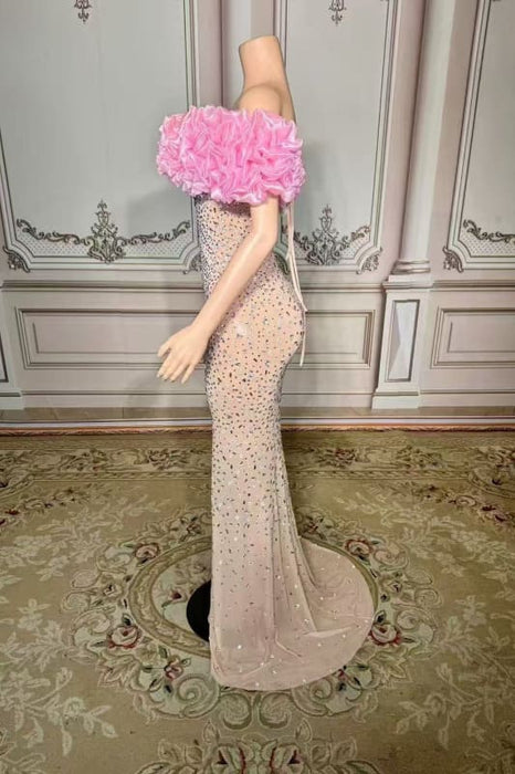 Off-the-Shoulder Floor Length Flowers Sheath Prom Dress with Split