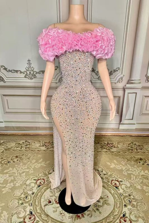 Off-the-Shoulder Floor Length Flowers Sheath Prom Dress with Split