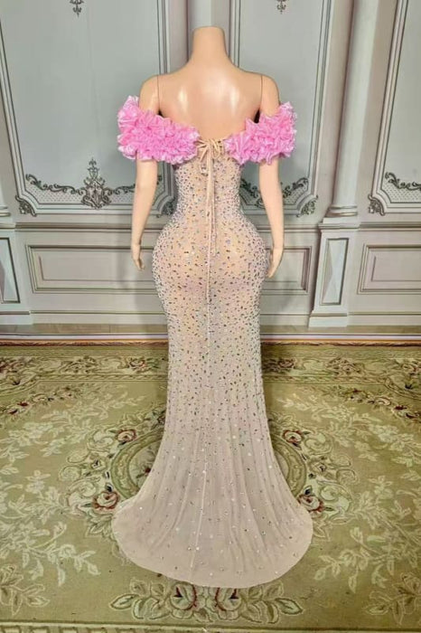 Off-the-Shoulder Floor Length Flowers Sheath Prom Dress with Split