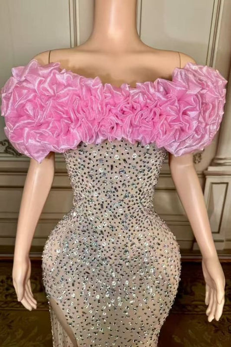 Off-the-Shoulder Floor Length Flowers Sheath Prom Dress with Split