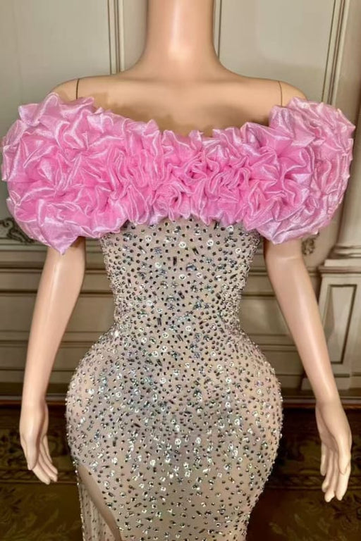 Off-the-Shoulder Floor Length Flowers Sheath Prom Dress with Split