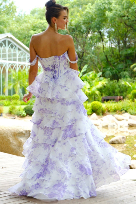 Off-the-Shoulder Floral Print Evening Dress Long with Front Split - Evening Dresses