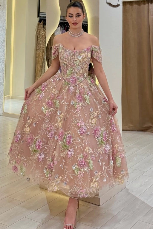 Off-the-Shoulder Tulle Floral Prom Dress Tea Length Aline Formal Dress with Beadings