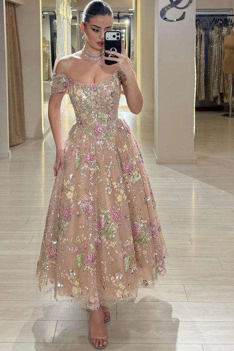 Off-the-Shoulder Tulle Floral Prom Dress Tea Length Aline Formal Dress with Beadings